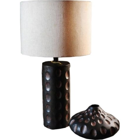 Afrykańska Lampa Stojąca z Abażurem Lnianym w Stylu Rzeźbionego Drewna