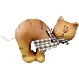 Ceramiczna Figurka Stojącego Kota w Kraciastą Wstążką i Dzwoneczkiem, Kolor Brązowy, 12x15 cm