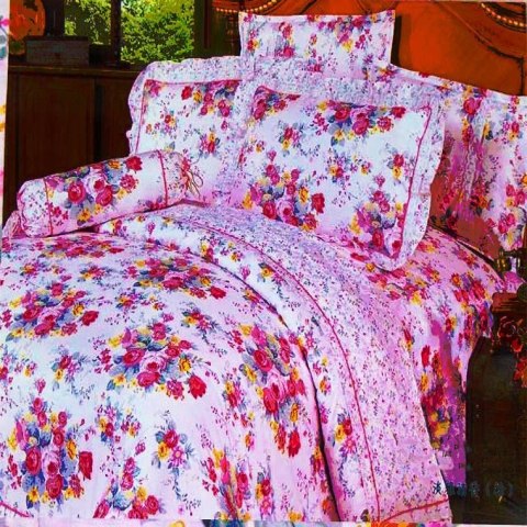 Elegancki komplet pościeli satynowej - Białe kwiaty na różowym tle