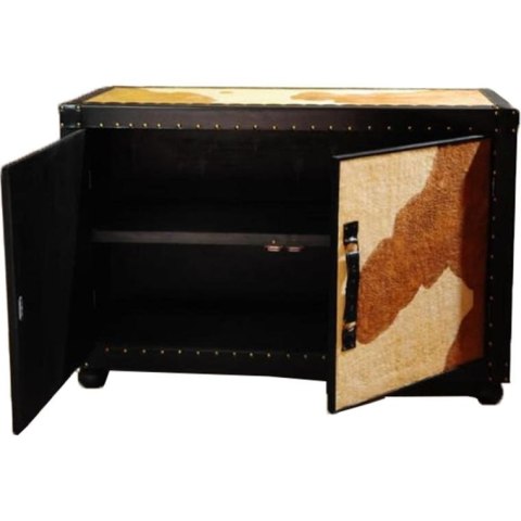 Komoda Dwudrzwiowa Sierść Cielaka w Kolorze Biało-Brązowym z Wykończeniem Skórzano-Ćwiekowym