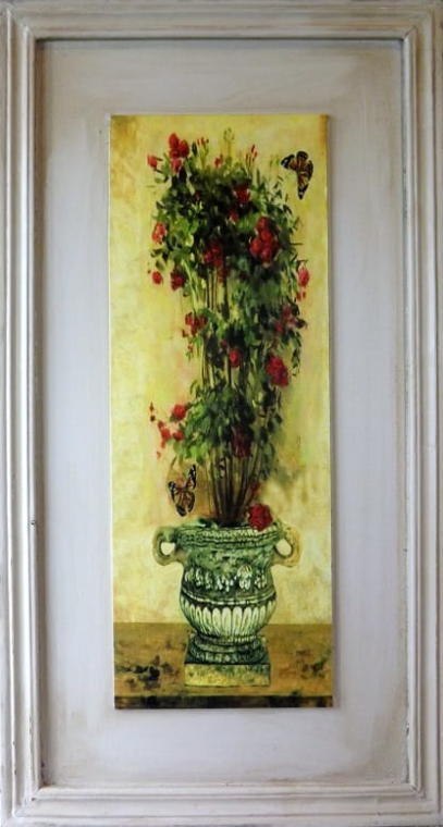 Kompozycja Kwiatów w Donicy 2 z Efektem Postarzania, Obraz 30 x 56 cm - Część 1 z 2 w Serii