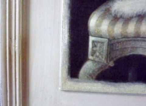 Obraz z pieskiem siedzącym na stołku 41x41 cm