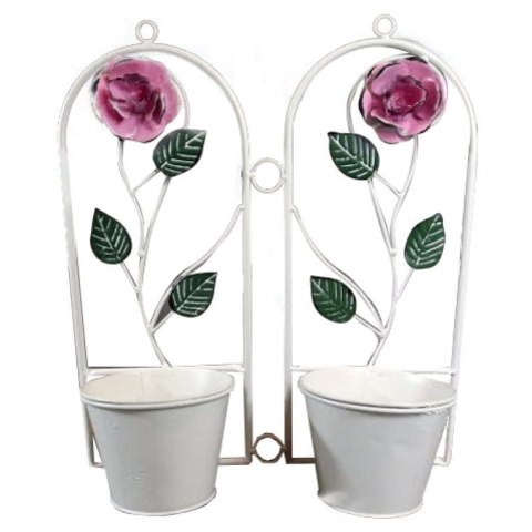 Podwójny Wiszący Kwietnik z Metaloplastyki w Stylu Prowansalskim z Motywem Róży