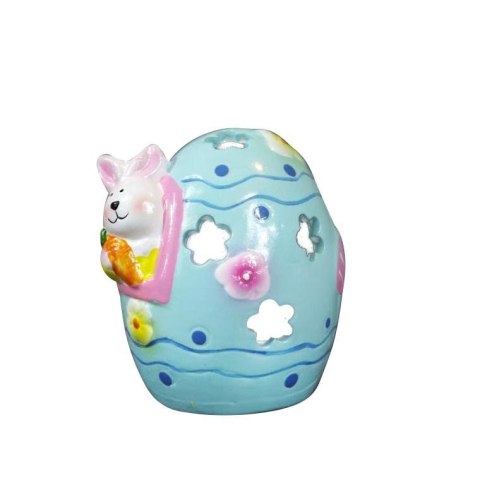 Jajko ceramiczne z zajączkiem lampion w kolorze niebieskim 9x7 cm