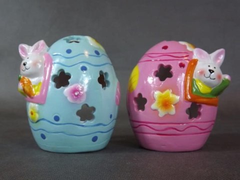 Jajko ceramiczne z zajączkiem lampion w kolorze niebieskim 9x7 cm