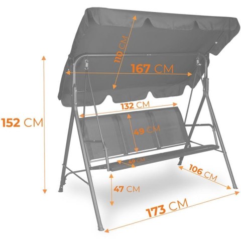 Trzyosobowa Huśtawka Ogrodowa z Regulowanym Dachem i Wytrzymałą Siatką Textilene, Kolor Czarny