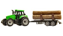 Mały traktor z przyczepą na drewno