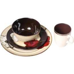 Ceramiczny Komplet Zastawy Stołowej z Kwiatowym Motywem w Kolorze Brązowo-Beżowym