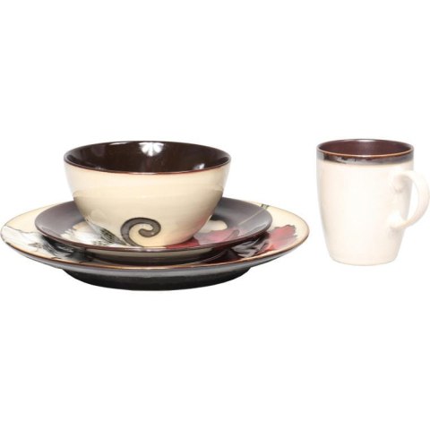 Ceramiczny Komplet Zastawy Stołowej z Kwiatowym Motywem w Kolorze Brązowo-Beżowym