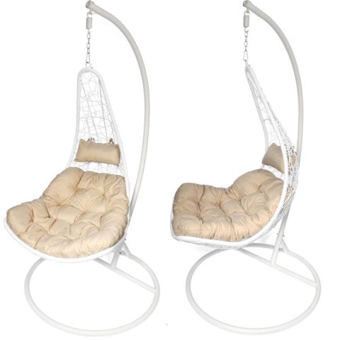Stylowy, Bujany Fotel Ogrodowy Kokon Kremowy F-05 z Stalowym Stełażem i Poduszkami