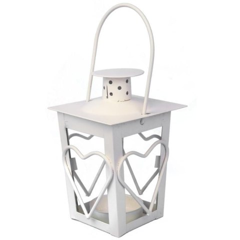 Biała Metalowa Latarenka z Motywem Serca na Świeczki Tealight 12 cm