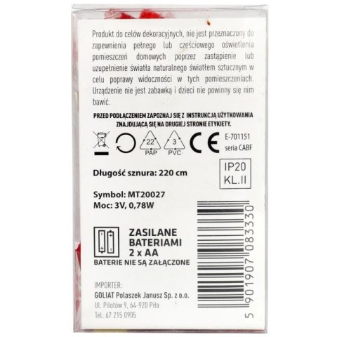 Lampki choinkowe na sznurze CZAPKI MIKOŁAJA 20 led na baterie
