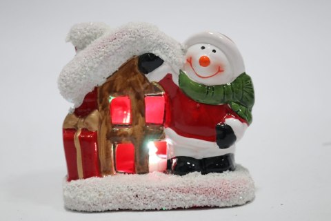 Ozdoba świąteczna ceramiczny Domek z Bałwankiem LED 9 cm