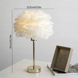 Elegancka lampa nocna stołowa z kloszem z białych piór ściemniacz 3 kolory świecenia na komode USB OZD12