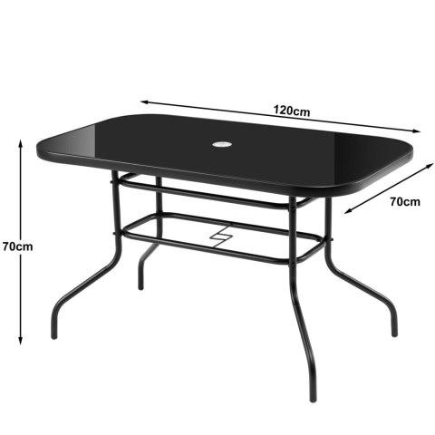 Duży szklany stół ogrodowy na taras balkon 120x70 czarny otwór na parasol