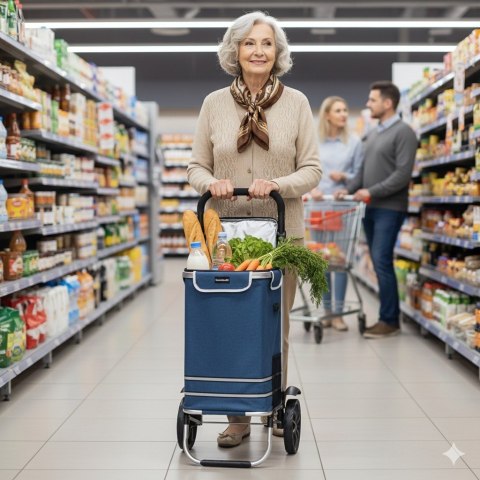 Wózek torba na zakupy na kółkach składany wodoodporny 42l odblaski niebieski