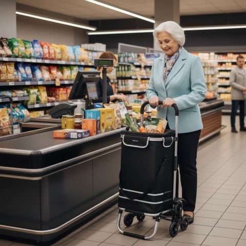 Wózek torba na zakupy na potrójnych kółkach składany 42l odblaski czarny