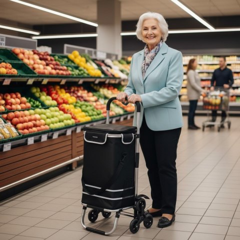Wózek torba na zakupy na potrójnych kółkach składany 42l odblaski czarny