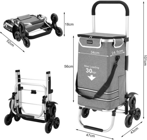 Wózek torba na zakupy na potrójnych kółkach składany 42l odblaski szary