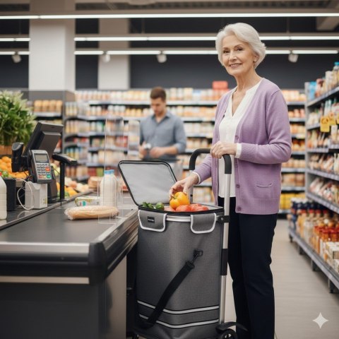 Wózek torba na zakupy na potrójnych kółkach składany 42l odblaski szary
