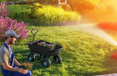 Wózek transportowy ogrodowy taczka wywrotka przyczepka rączka skrętne koła, czarny