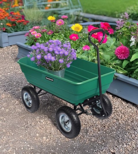 Wózek transportowy ogrodowy taczka wywrotka przyczepka rączka skrętne koła, zielony