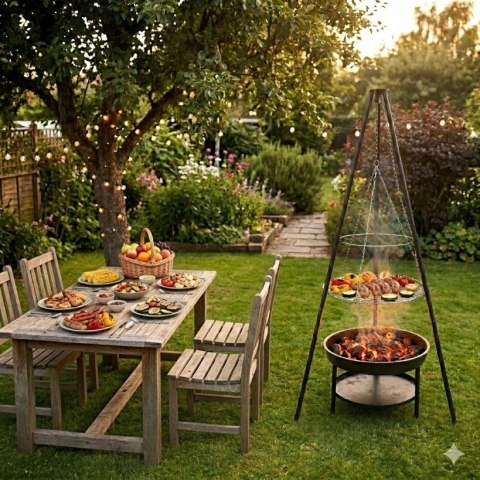 Palenisko trójnóg duży grill ogniskowy ogrodowy wiszący 2w1