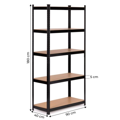 Regał magazynowy metalowy czarny 2w1, 5 jasnych półek 180x90x40 cm