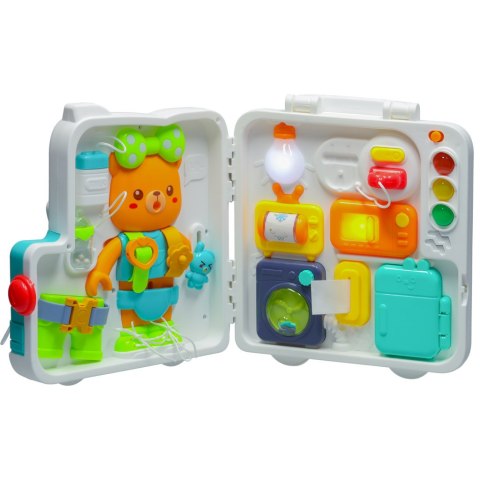Tablica manipulacyjna sensoryczna montessori walizka pokrętła miś XXL światło dźwięk