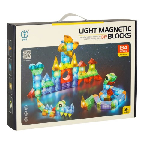 Klocki magnetyczne konstrukcyjne świecące elementy figury 3D 134 el.