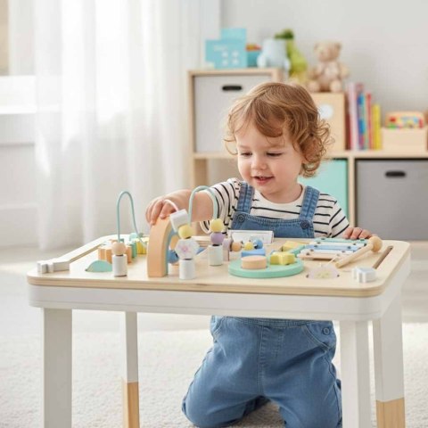 Tablica manipulacyjna LULILO LUDO stolik drewniany sensoryczny 2w1 różowy