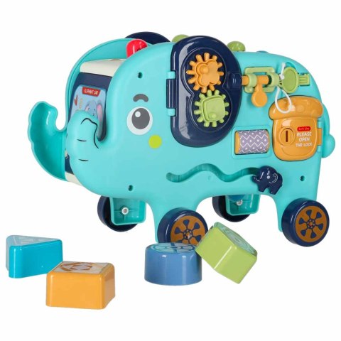 Słonik tablica manipulacyjna montessori wbijak sorter klocki młotek 26cm