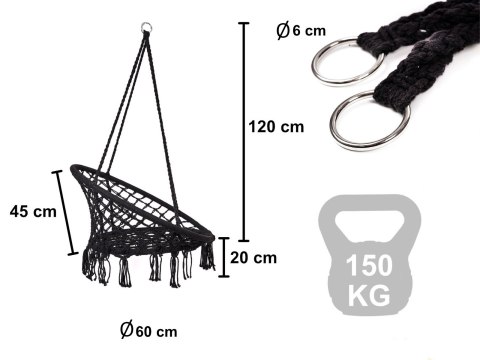 Huśtawka LUARO fotel bocianie gniazdo czarne 80cm 150kg