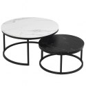 Zestaw okrągłych stolików kawowych 2w1 biało czarny marmur 60 i 80 cm STL14BCZ