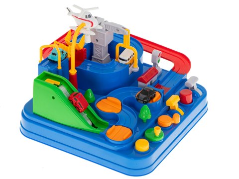 Tor przeszkód interaktywny samochodowy wyścigi parking 4 pojazdy auto autobus radiowóz wóz strażacki helikopter 24x24cm XL