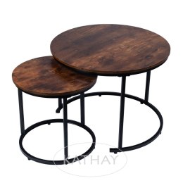 Nowoczesne stoliki kawowe okrągłe zestaw 2w1 loft industrial ława stół stolik dąb antyczny