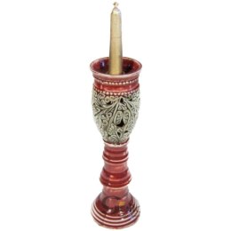Świecznik Ceramiczny Bordowy z Zielonym Dekorem Świątecznym (Świeczka Dołączona)